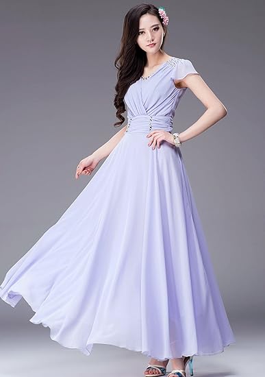 Amazon Co Jp コアバス Coavas ロングワンピース マキシ丈ワンピース シフォンワンピース Vネック レディース ラップ風ウエスト 清新 紫 大人 上品 優雅 3l ライトパープル 服 ファッション小物