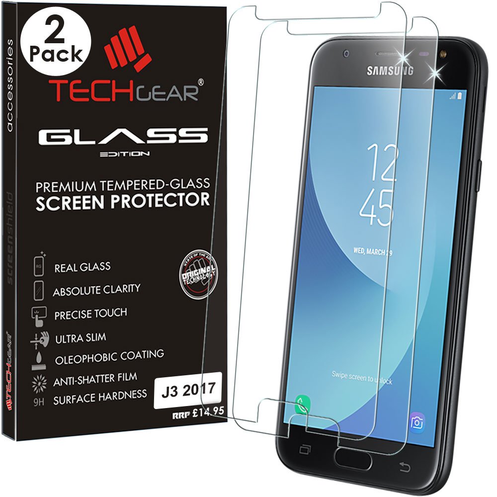 TECHGEAR [2 Pack] GLASS Edition for Galaxy J3 2017 (SM-J330 Series) - Genuine Tempered Glass Screen Protector Guard Covers Compatible with Samsung Galaxy J3 2017 (SM-J330 Series)