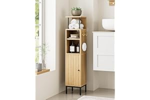 AEPOALUA Bathroom Storage Cabinet,Small Corner Floor Cabinet with 2 Hook,Narrow Tall Toilet Paper Cabinet with Adjustable Shelves,Bathroom Organizer for Living Room,Small Spaces (Wave, Oak-37''H)