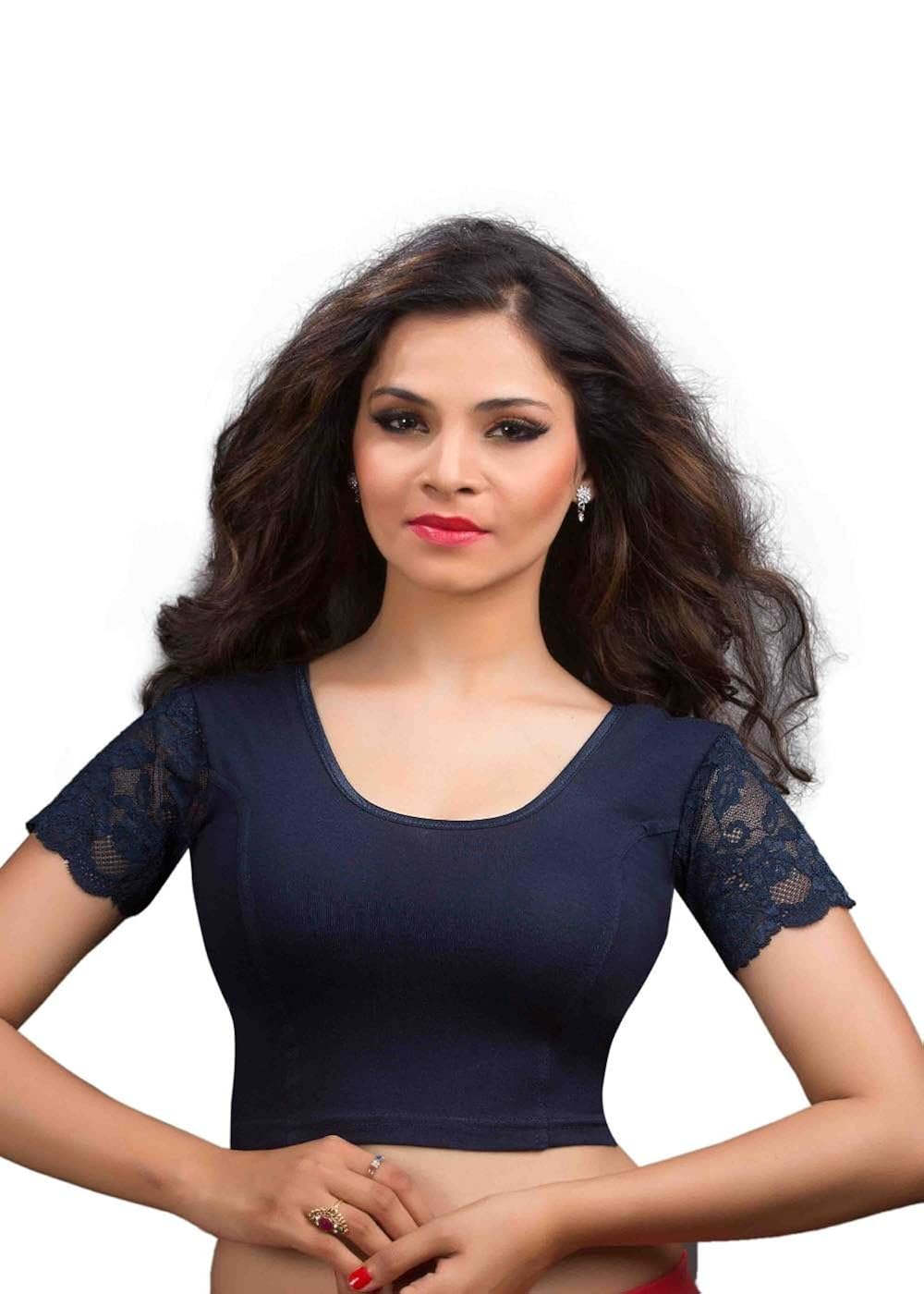 salwar studio women's navy blue cotton lycra readymade strechable saree blouse