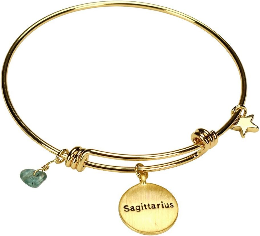Miraclelove Handmade Brass Zodiac Charm Gemstones Pendant Expandable Bangle Bracelet