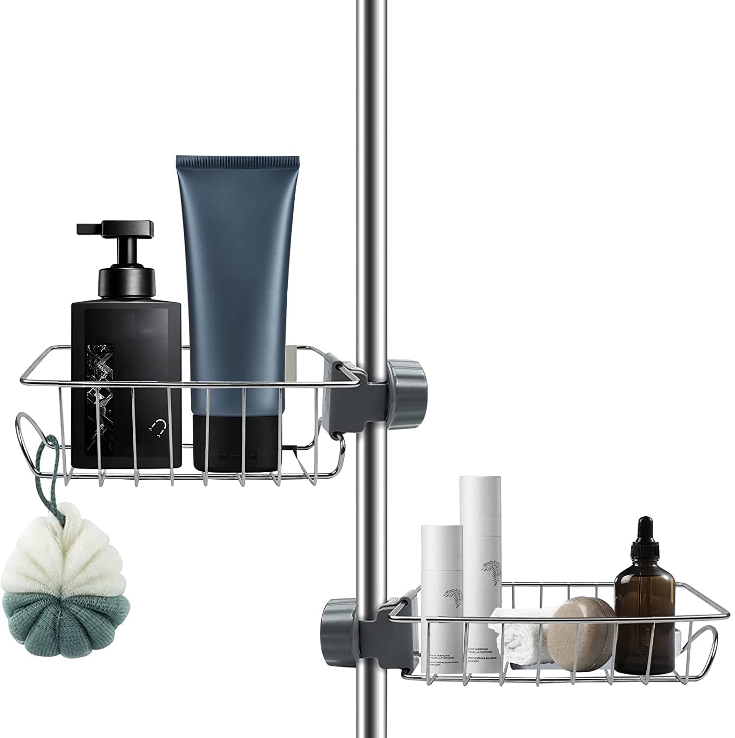 YXIAOO Shower Caddy No-Drill Stainless Steel Shower Caddy for Shower Rail 2Pcs Soap Holders & Bathroom Shelf, Adhesive-Free Shower Organiser for Shampoo & Shower Gel, Kitchen Storage Rack