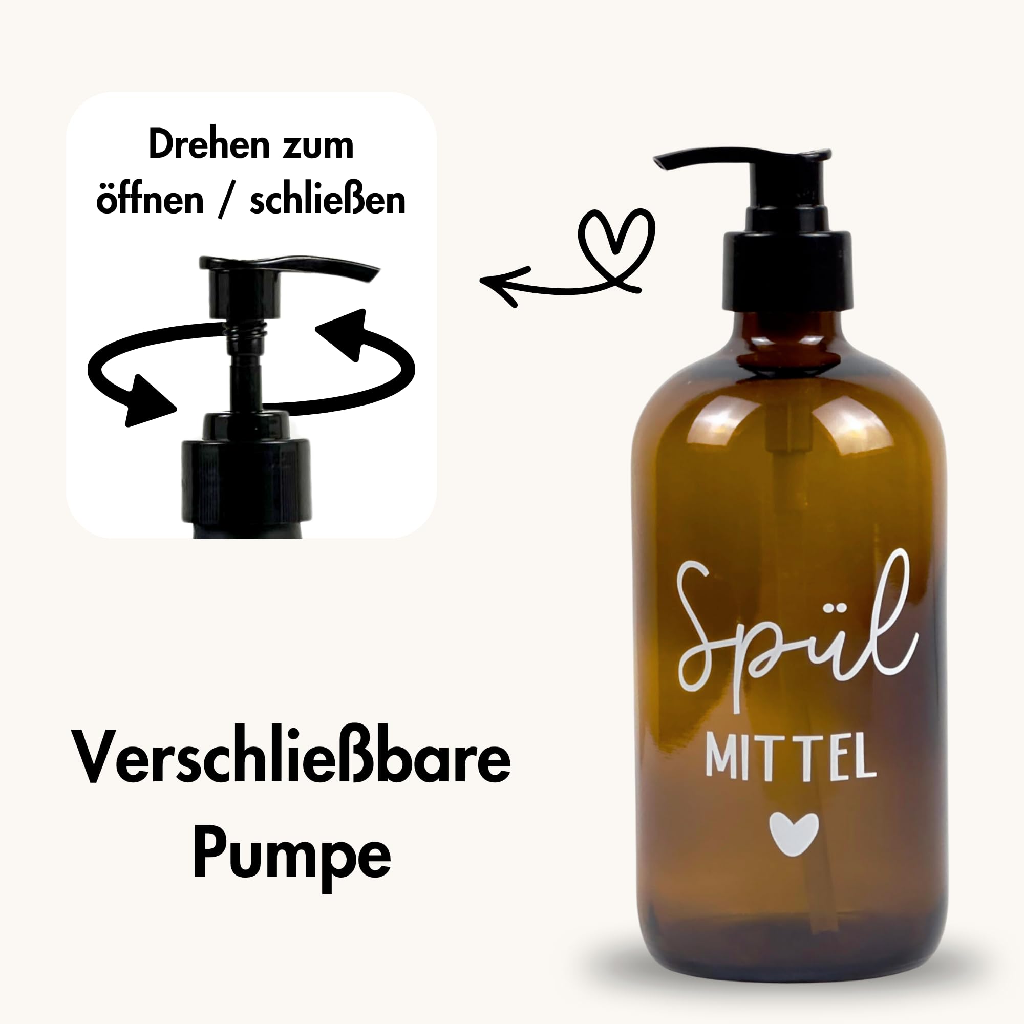Glas Seifenspender 500ml - Schwarzer Pumpspender, Spülmittelspender für Küche. Handseifenspender für Badezimmer (Braun, Spülmittel + Handseife) 4