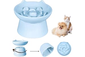 FULLCHARM Unbreakable Raised Slow Feeder Bowl for Cats and Small Dogs, Elevated Cat Bowls, Detachable Slow Feede Bowl, Heavy Weighted, Non-Slip Feeder, Dry & Wet Food, Whisker Friendly Flat Plates (Blue; 6.2'')