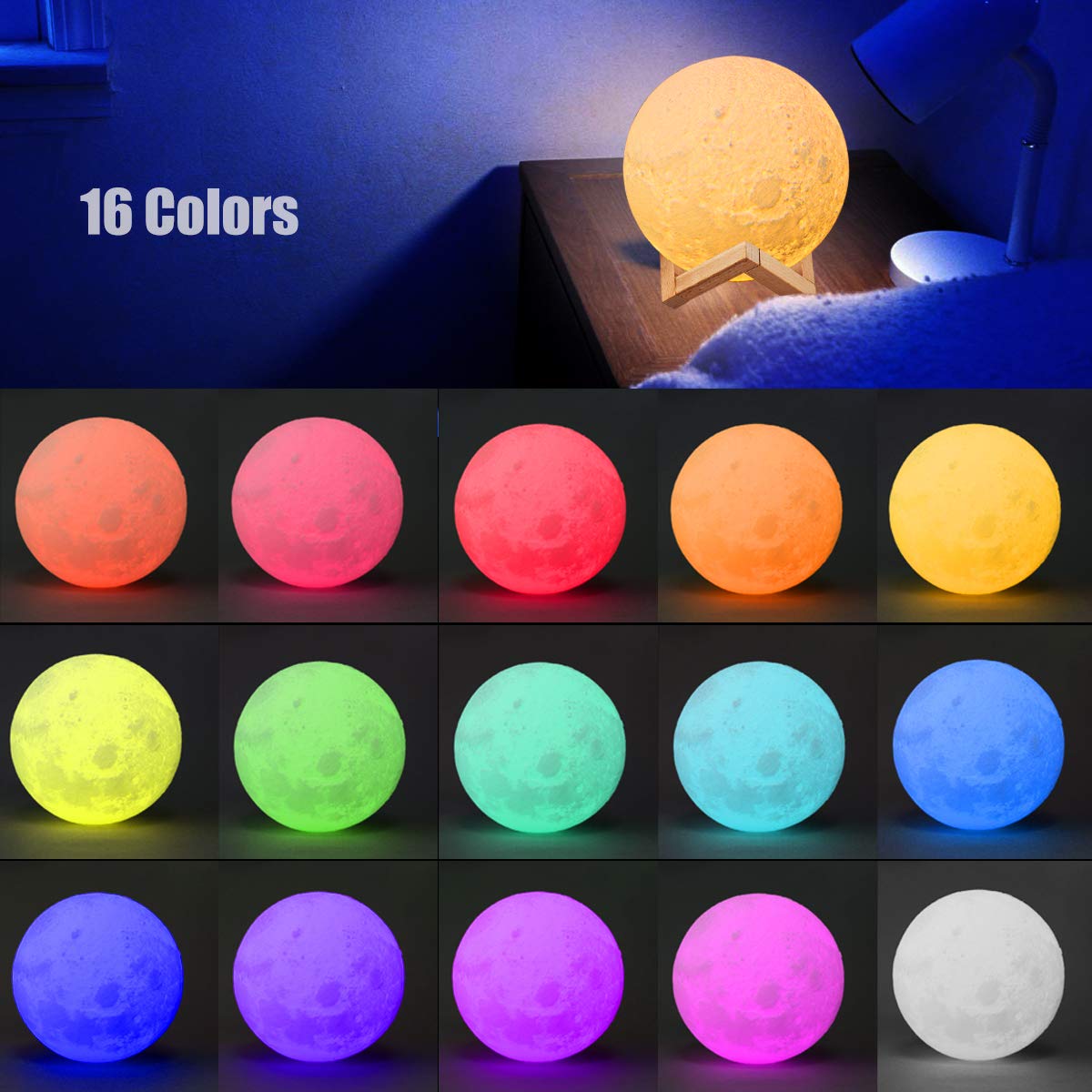 JORLAI 3D Printing Moon Lamp with Stand 16 Colors 15cm Touch Control&Remote Control USB Rechargeable Lighting LED Decorative Night Light for Baby Kids Lover Birthday Party Gifts