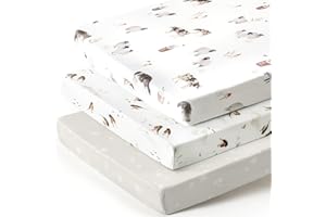 GRSSDER Stretchy Ultra Soft Jersey Knit Pack and Play Sheets Set 3 Pack, Portable/Mini Crib Sheets for Boys and Girls, Universal Fit for Pack N Plays Safe and Snug, Cute Watercolor Cows and Birds Print