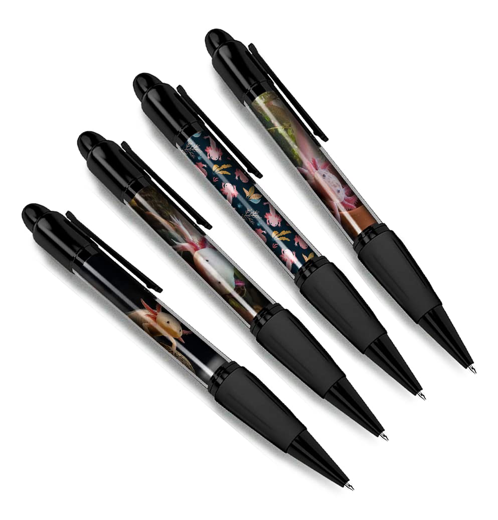 DV DESIGN Set of 4 Axolotl Black Ballpoint Pens - Dragon Fish Aquarium Salamander Lizard Mexican Friends Boys Girls Men Women Theme Pen #79339
