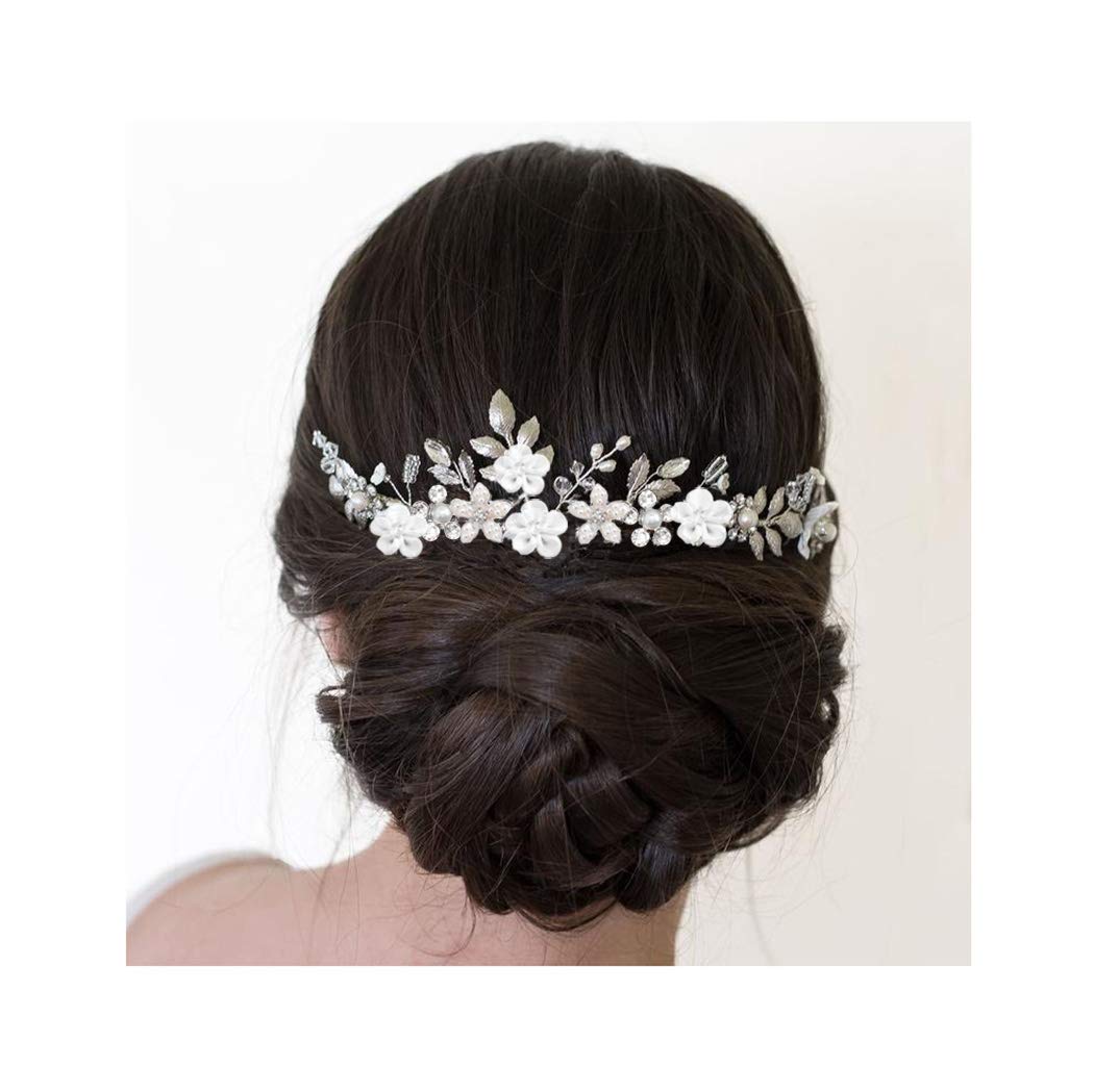 IYOU Bridal Wedding Hair Comb Flower Silver Side Combs Pearl Prom Wedding Hair Piece Accessories for Women