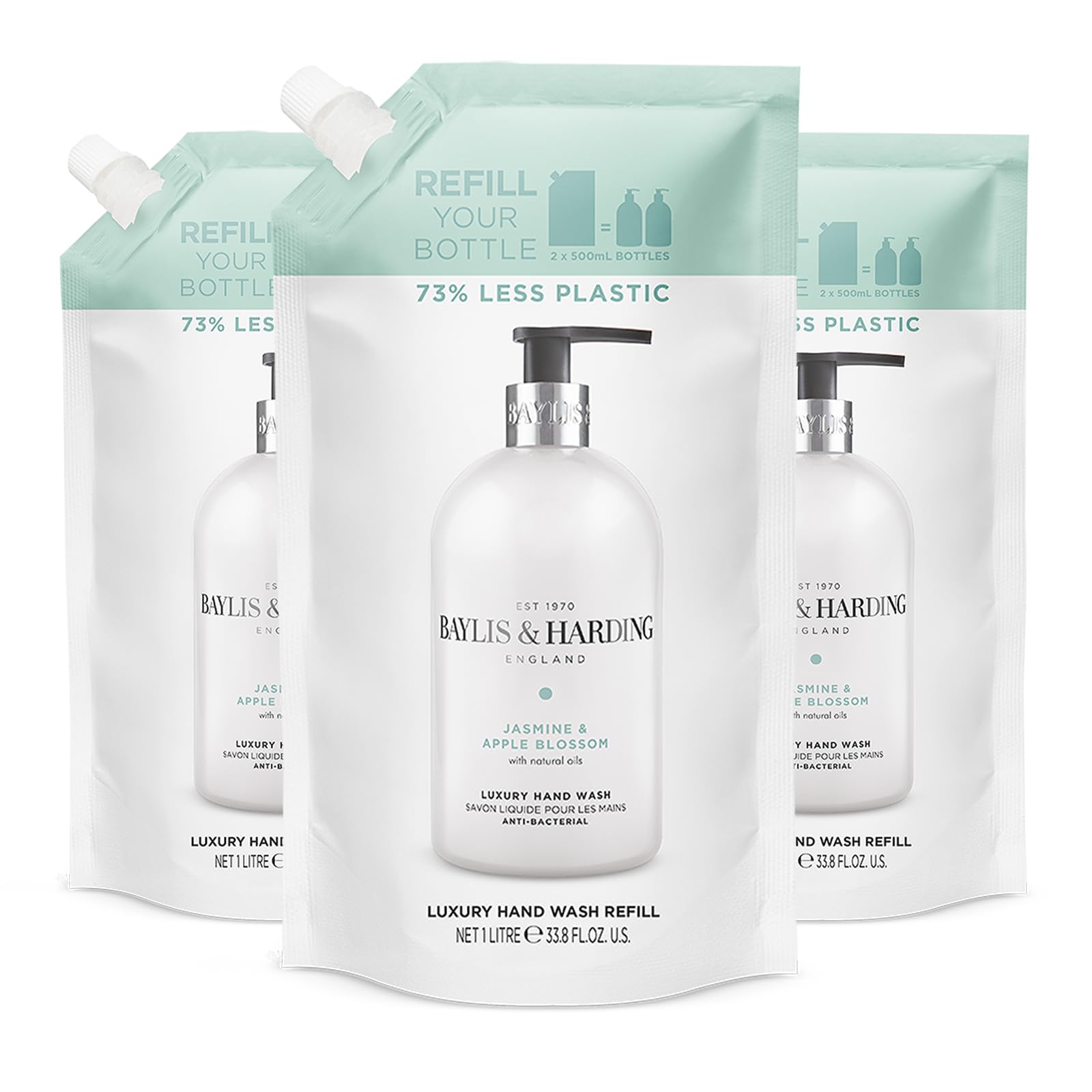Baylis & Harding Jasmine & Apple Blossom Anti-Bacterial Hand Wash 1 litre Refill Pouch (Pack of 3) - Vegan Friendly — image 1