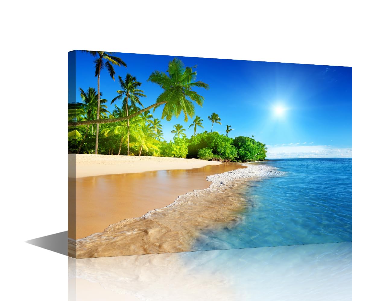 Canvas Print Wall Art - Frame Style Wall Art - Beautiful Tropical Beach with White Sand, Clear Sea and Palm Trees Under Blue Sunny Sky Canvas Wall Art Wall Decor Ready to Hang (24" W x 16" H)