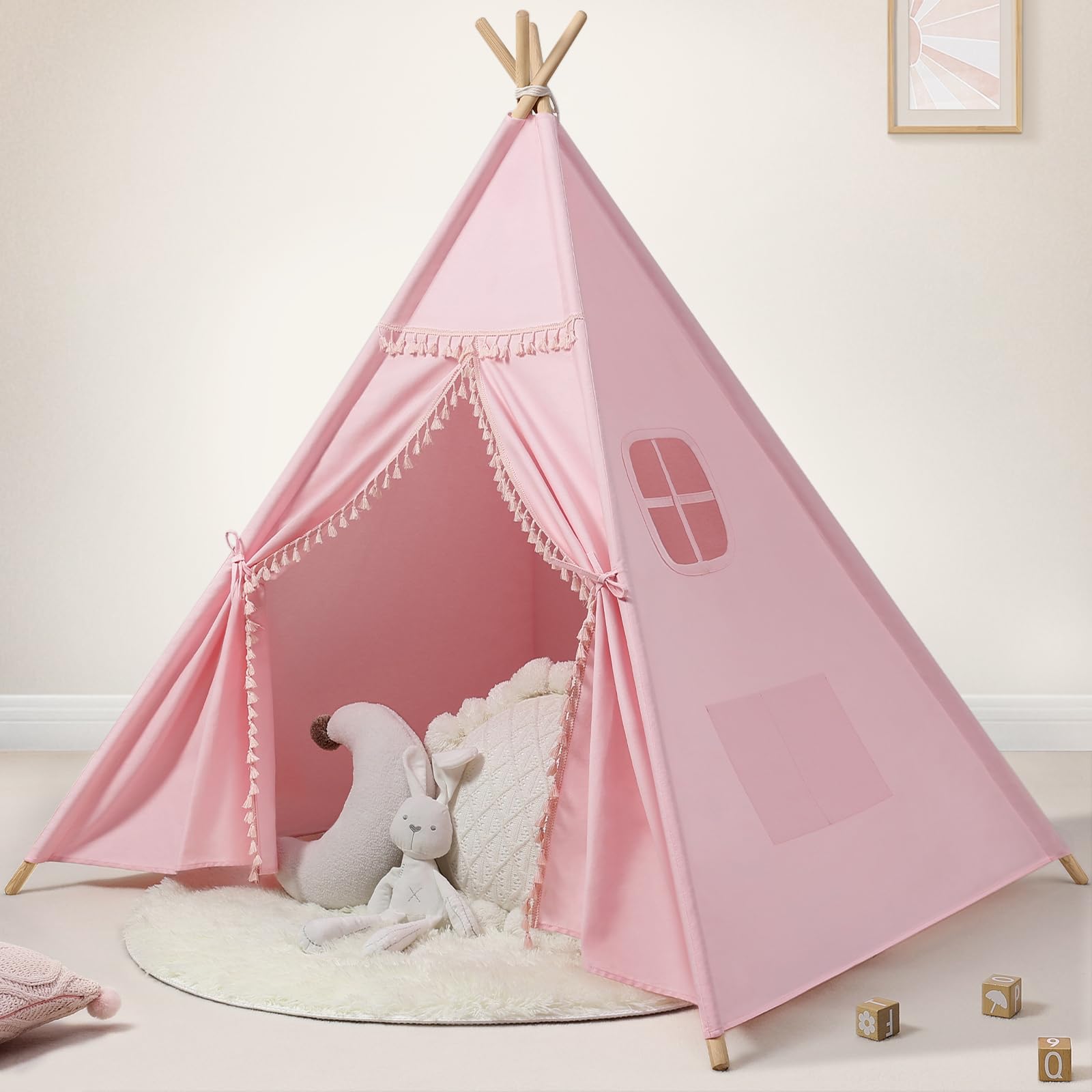 Photo 1 of Sumbababy Teepee Tent for Kids Indoor – Cotton Canvas Play Tent with Tassel Trim, Foldable Toddlers Tent for Girls, Ideal Gift with Star Lights, Banner & Carry Bag (Pink)