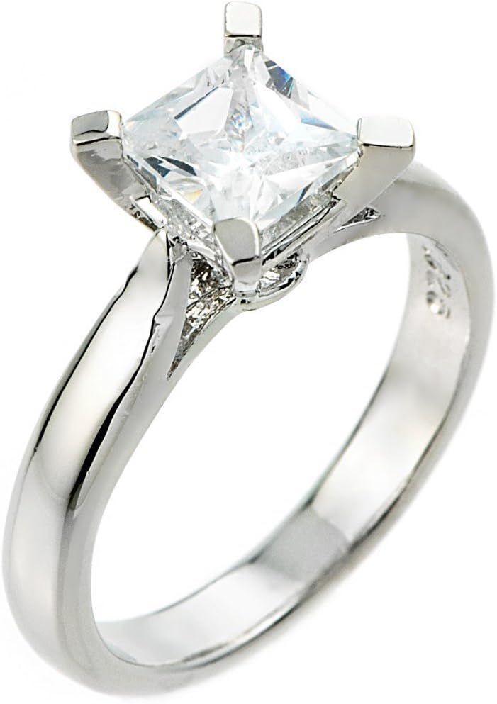 CZ Engagement Rings High Polish 925 Sterling Silver Princess-Cut Four-Prong Solitaire 3 Carat