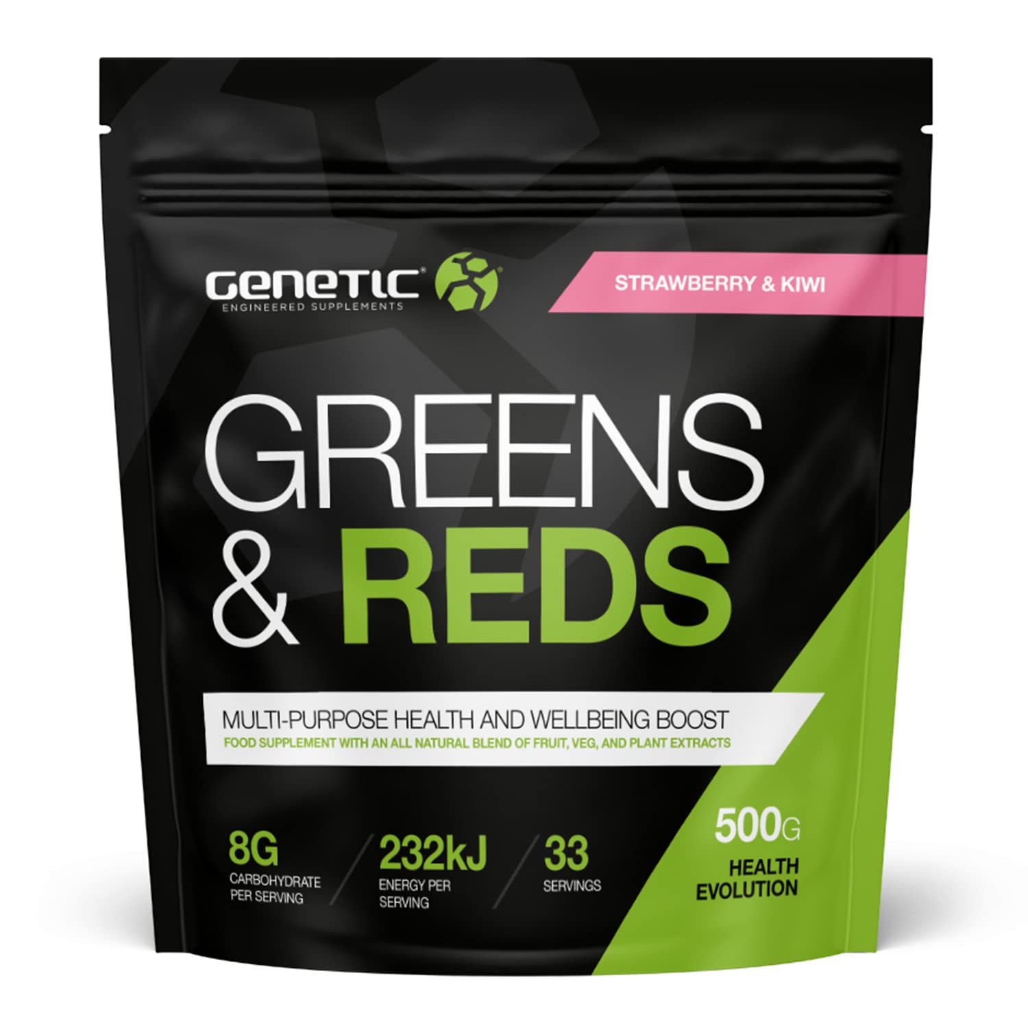 Genetic Supplements Super Greens Powder - 32 Superfoods Powder, Vitamin & Mineral Formula, Vegan Friendly, Strawberry & Kiwi, 33 Servings, 500g