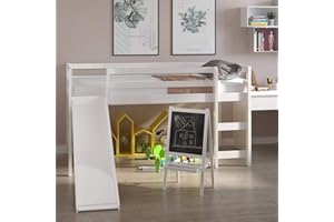 NAFORT Twin Size Loft Bed with Slide & Stairs – Low Loft Bed for Kids, Solid Wood Frame with Guard Rails, Slat Support & Climbing Ladder, Space Saving White Finish