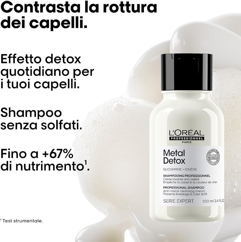 Mini Shampoo Ristrutturante per Tutti i Tipi di Capelli Danneggiati, Rischio di Rottura Ridotto, Colore Protetto, Chioma Lucente&Setosa, Senza Solfati, Metal Detox, 100 ml