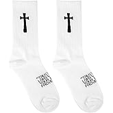 Mikovivi Cross Socks with Bible Verse, Soft Cotton Christian Jesus Church Prayer Soccer Grip Socks White and Black Walk by Faith Stocking Religious Gift Stuff for Men Women Dad Husband Grandpa
