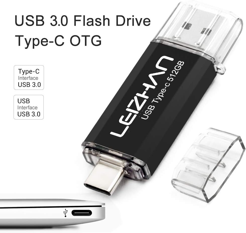 leizhan 512GB USB 3.0 Flash Drive Thumb Drives Jump Drive USB Memory Stick Type-C/USB-A 2 in 1 - Black, 512Go - Image 3