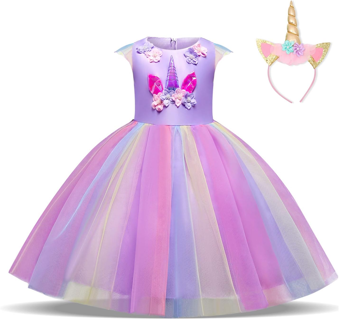 NNJXD Girls Unicorn Dress Applique Party Cosplay Halloween Fancy Costume