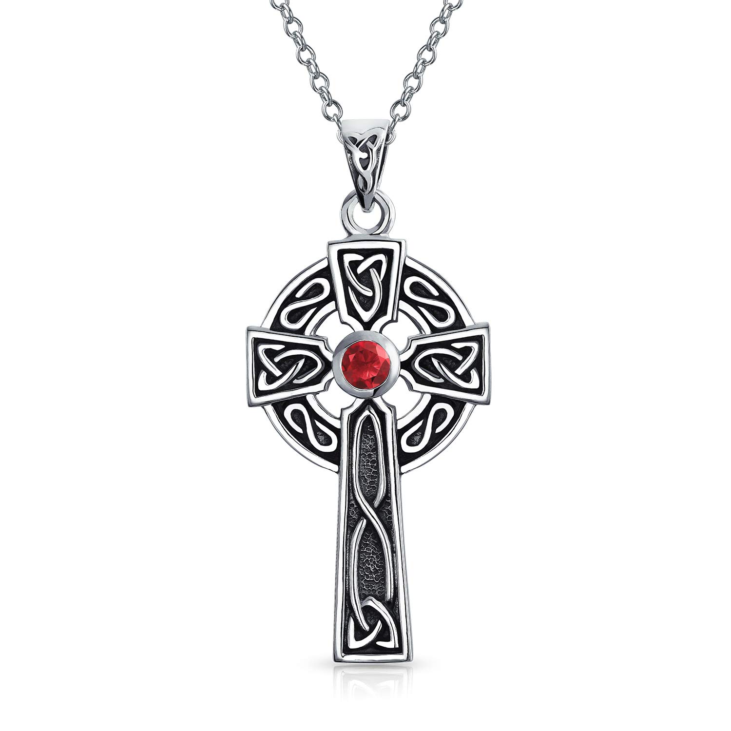 Bling Jewelry Ancient Irish Love Knot Symbol Simulated Red Garnet CZ Celtic Claddagh Religious Trinity Cross Pendant Necklace For Women Oxidized .925 Sterling Silver