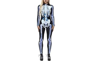 Foksikely Women's Halloween Cosplay Costume 3D Print Skeleton Skull Printed Bodycon Tights Jumpsuits Bodysuit