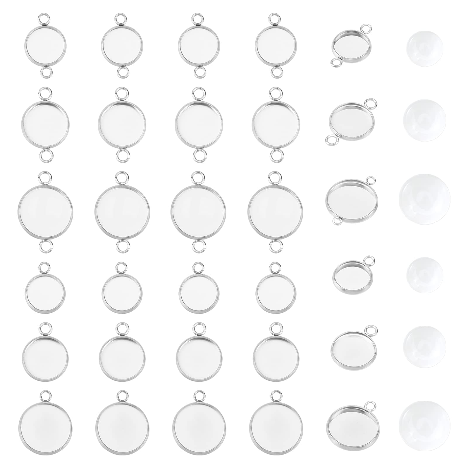 UNICRAFTALE about 120pcs Flat Round Pendant Connectors Stainless Steel Blank Bezel Pendant Trays Cabochons Pendants with Transparent Glass Cabochons for Jewelry Making 10-14mm