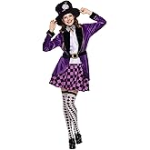 EraSpooky Adult Women Hatter Costume Mad Tea Party Purple Halloween Fancy Dress 6 Pc Set with Accessories