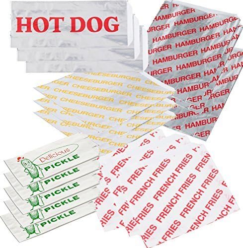 Burgers Fries & Hot Dog Foil Wrap with Pickle Bags - 50 French Fry + 25 Hamburger & Cheeseburger Bags & 25 Hot Dog Foil Wraps 50 Pickle Printed Design outdoor picnic BBQ party pack sandwich papers