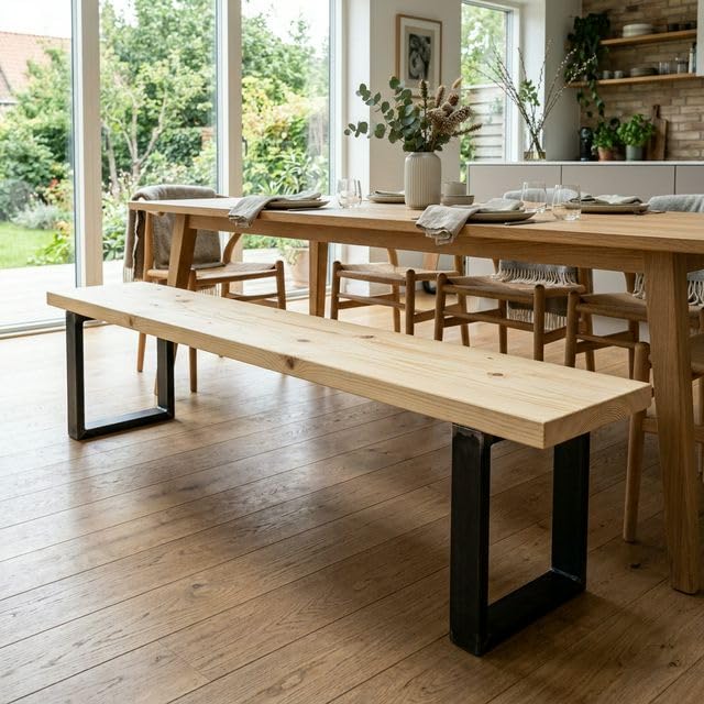 CASA FERRO Elegante Banca Resistente Exterior de Madera Maciza y Metal. Pie de Cama King Size, Comedor, Terraza, Jardín. Estilo Moderno Minimalista. (Pino Natural G 1.50 m)