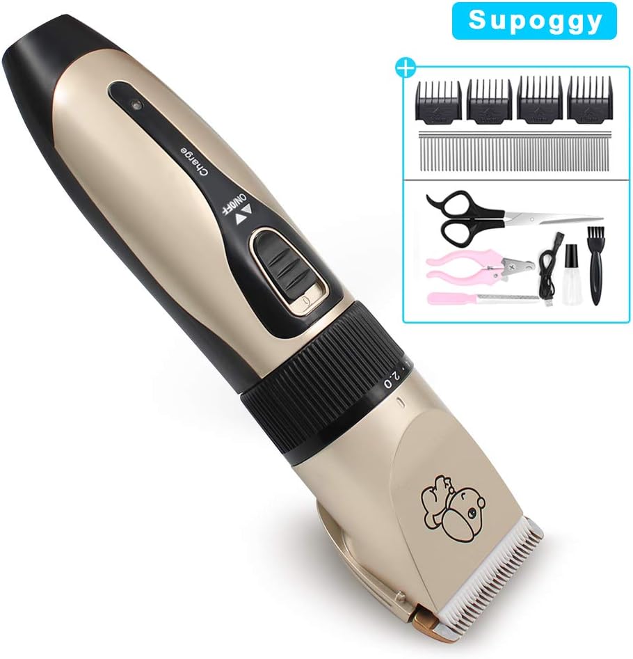 Supoggy Professional Dog Clippers, Rechargeable Cordless Dog Grooming kit, Low Noise Pet Hair Clipper Trimmer Shaver with Comb Guides Scissors Nail Kits for Dogs Cats