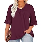 Chulianyouhuo Womens Plus Size Tops 3/4 Sleeve Casual Shirts V Neck Ruffle Loose Fit Tunic Blouse XL-5X