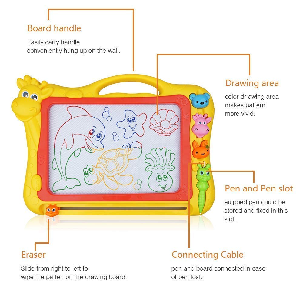 Merryxgift Magnetisches Zeichenbrett, Große (43 x 30 x 5 cm) Kinder Zaubertafel Doodle Board Pad Bunt Zeichenbrett mit 3 Magnetische Stempel für Kinder 3 4 5 6 7 Jahre Alt