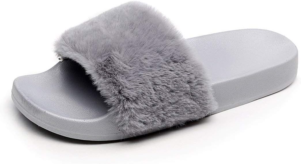 APIKA Women's Flip Flop Faux Fur Slipper Fuzzy Fluffy Comfy Sliders Open Toe Slip on