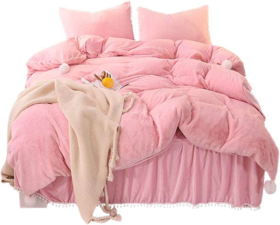 YOUHAM Faux Rabbit Fur Crystal Velvet Reversible Bedding Sets Fluffy Pompom Duvet Cover Sets Solid Zipper Closure (King, Pink)