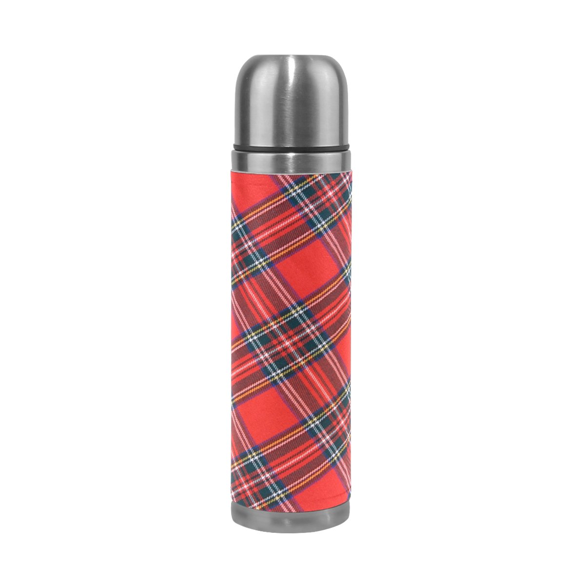 coosun Royal Stewart Tartan Stainless Steel Flasks Water Bottle Vacuum Insulated Cup Leak Proof Double Vacuum Bottle, PU Leather Travel Thermal Mug,17 oz
