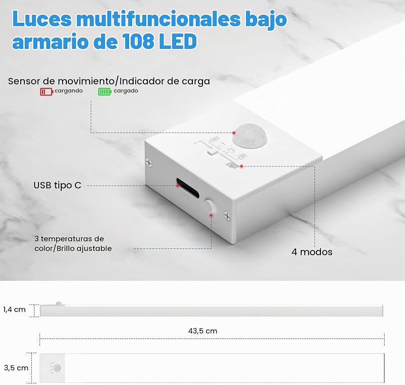 Luz LED Armario con Sensor de Movimiento, 43CM Regulable Luz LED Adhesiva con 3 Color Modos, 2500 mAh USB Recargable Luz Nocturna para Cocina, Armario, Escaleras, Pasillo, Garaje-2 Piezas