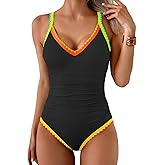 Aidonger One Piece Swimsuit for Women Tummy Control Color Block Bathing Suit V Neck Shell Stitched Tie Back Swimwear