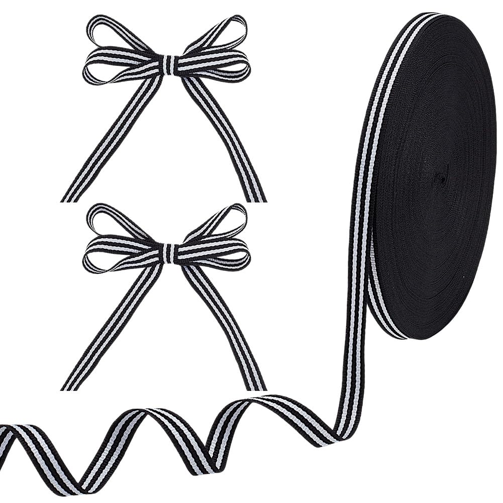 DELORIGIN 50 Yards Black & White Striped Grosgrain Ribbon Polyester Fabric Decorative Wrapping Ribbon for Halloween Christmas Wedding DIY Sewing Crafts Bouquets Cake Gifts Party Home Decor