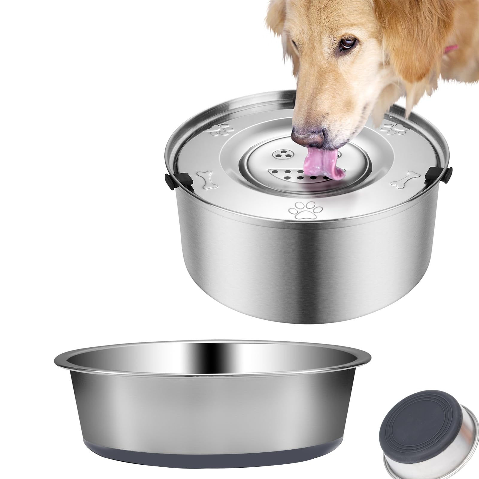 Elisabe Dog Water Bowl No Spill 3L with 1pcs Non Slip Stainless Steel Dog Bowl, Metal Slow Drinking Pet Feeder Dispenser for Large Breed