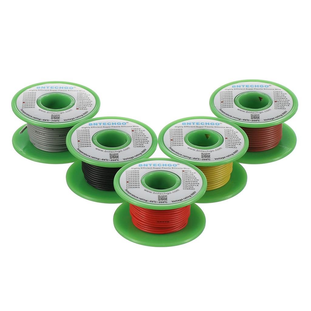 BNTECHGO Ultra Flexible 24 Gauge Silicone Wire Spool 5 Color Red Black Yellow Brown Gray High Resistant 200 deg C 600V Electronic Wire 24 AWG Stranded Wire 40 Strands Tinned Copper Wire Hook Up