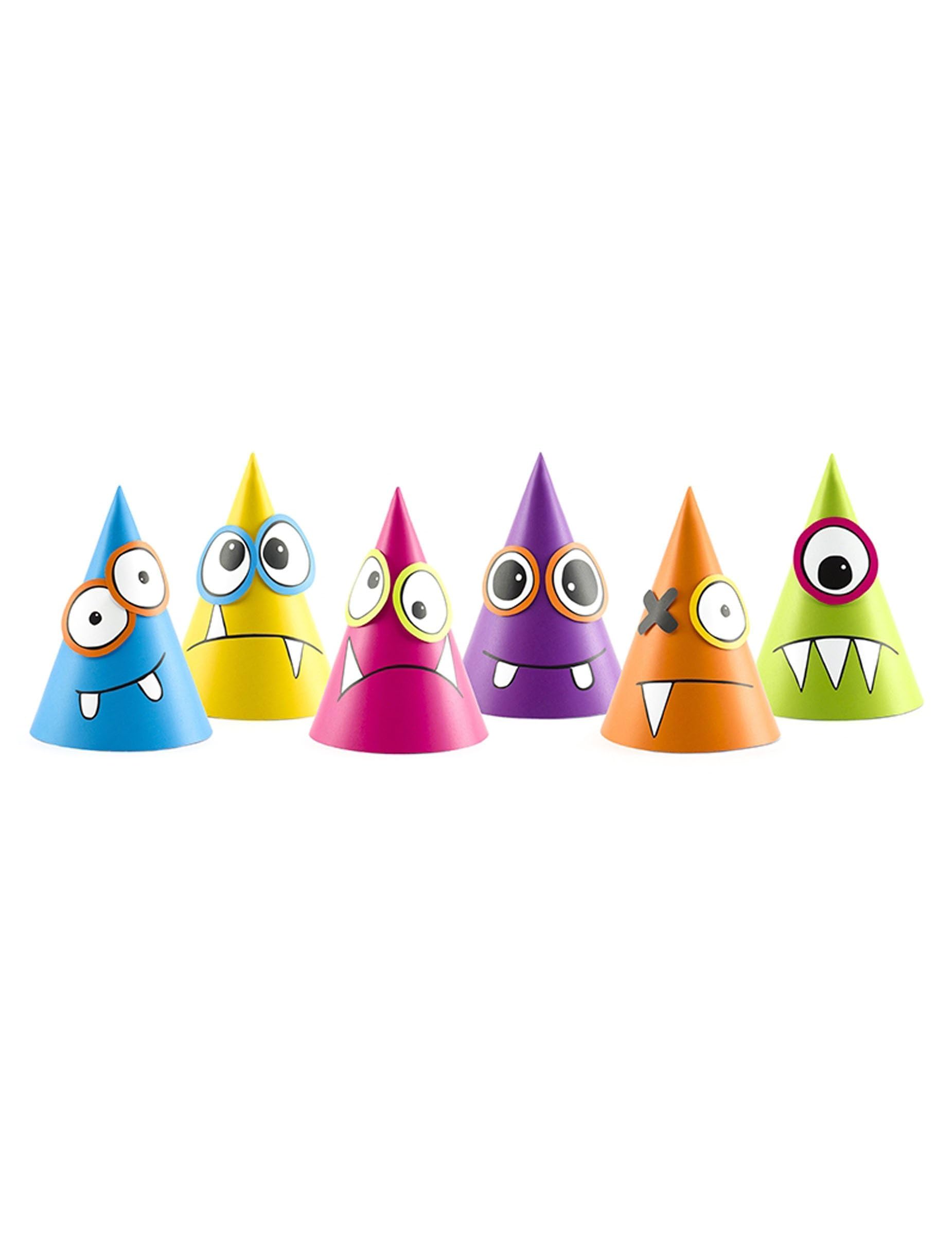 PartyDeco- Pack of 6 Colorful Cone Caps Customizable Funny Monsters, Assorted, CPP9