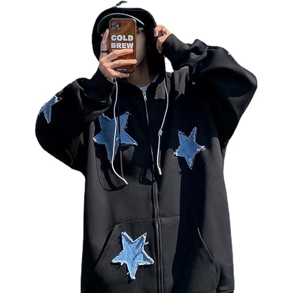 CEINOM Men's Star Patch Zip Up Hoodie for Men Women Graphic