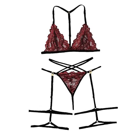 friendGG Neue Sexy Exquisite Dessous BH + Strumpfband + Slips Set Babydoll Cut-Out Nachtwäsche Wimpern Set Sexy Dreiteilige Weinrot Unterwäsche