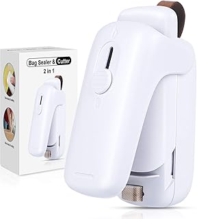 XIMU Folienschweißgerät Mini, Mini Bag Sealer, 2 in 1 Küche Hand Folienschweißgerät mit Cutter für Spänesäcke Plastiktüten Lebensmittellagerung Snack Fresh Bag Sealer (Batterie inklusive) (Weiß)
