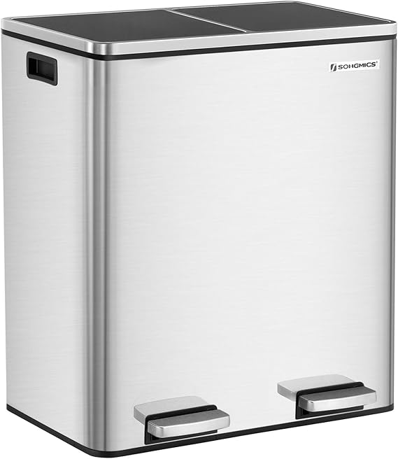 SONGMICS Double Recycle Pedal Bin, 2 x 30L Rubbish Trash Can with Dual Compartment, Fingerprint