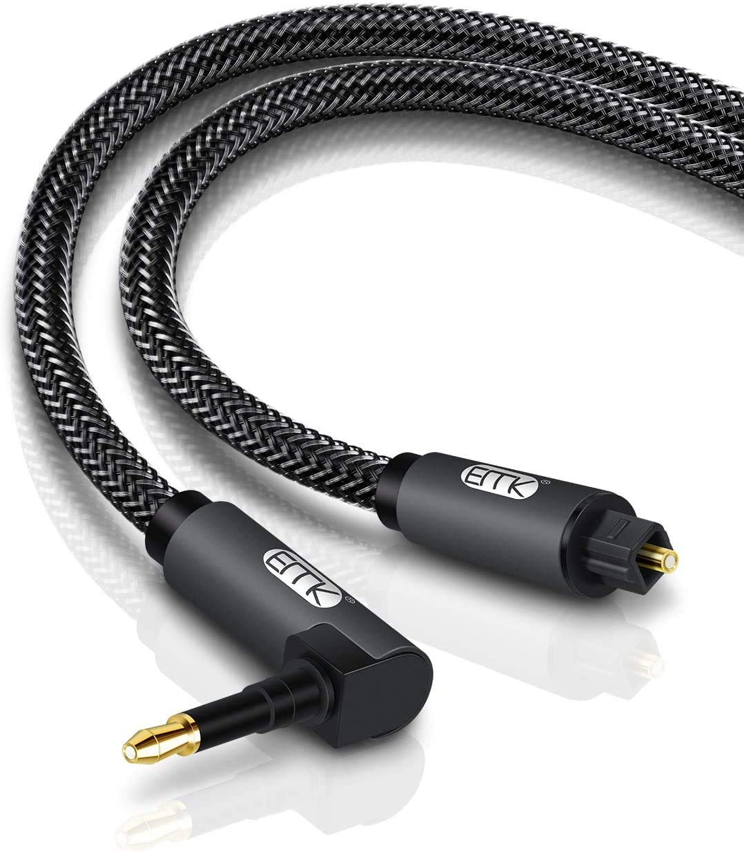 EMK Digital Sound 1.5M Angle Gray Optical Audio Cable, Toslink to Mini Toslink, Compatible with MacBook, TV, Soundbar, Speaker, Blu-ray Player, Computer, AV Receiver, PS 3/4, Xbox One/360