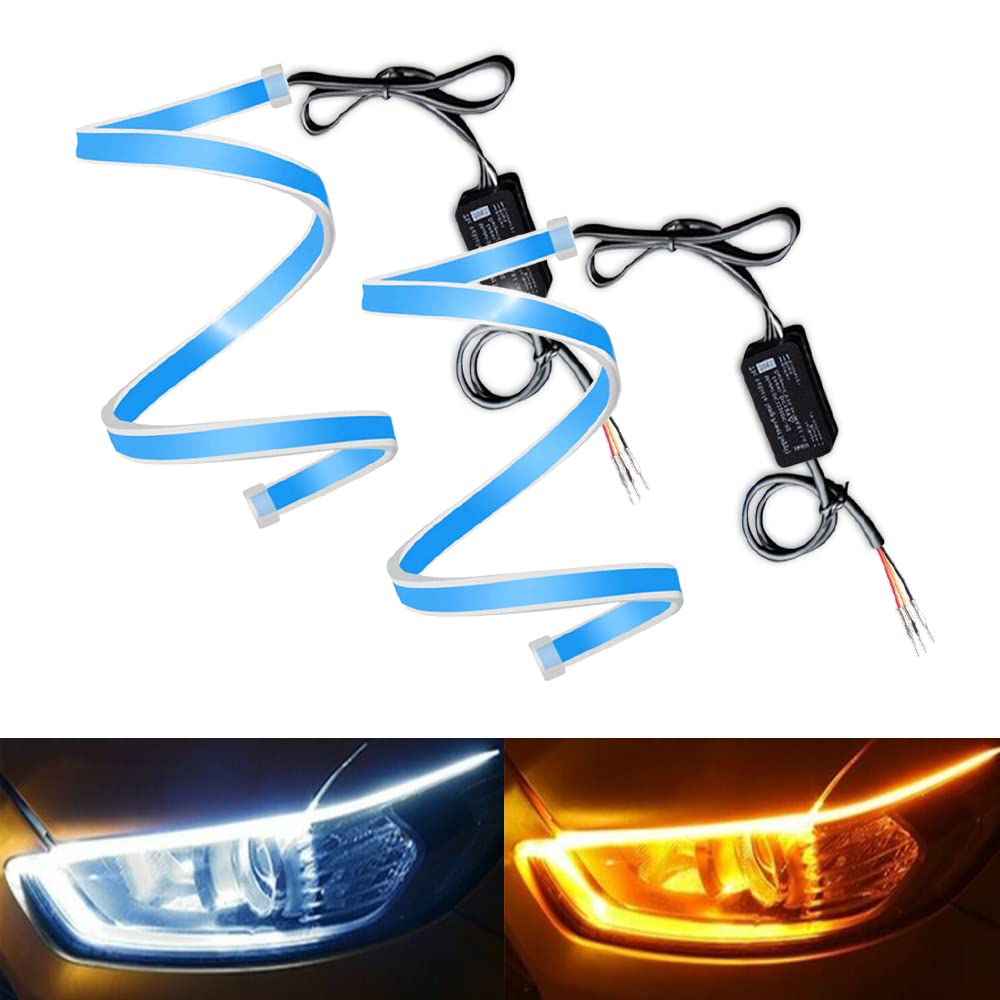 DEFVNSY 1-Set (2PCS) Super bright 60CM 23.6" Waterproof Flexible Car DRL LED Strip - White for Daytime Running Lights - Yellow for Turn Signal Lights for Any 12V Cars Headlight