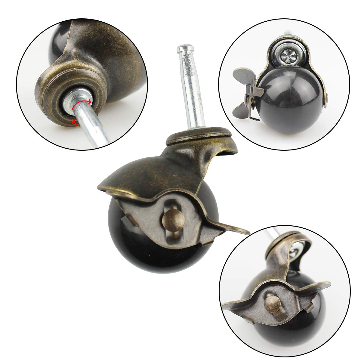 4 PCS Ball Caster Heavy Duty Stem Swivel Wheel 2 Inch Vintage Stem Caster with 4 Sockets Antique Smooth Caster Wheel for Chairs Sofa Table Leg (Stem casters with Brake Lock): Industrial & Scientific