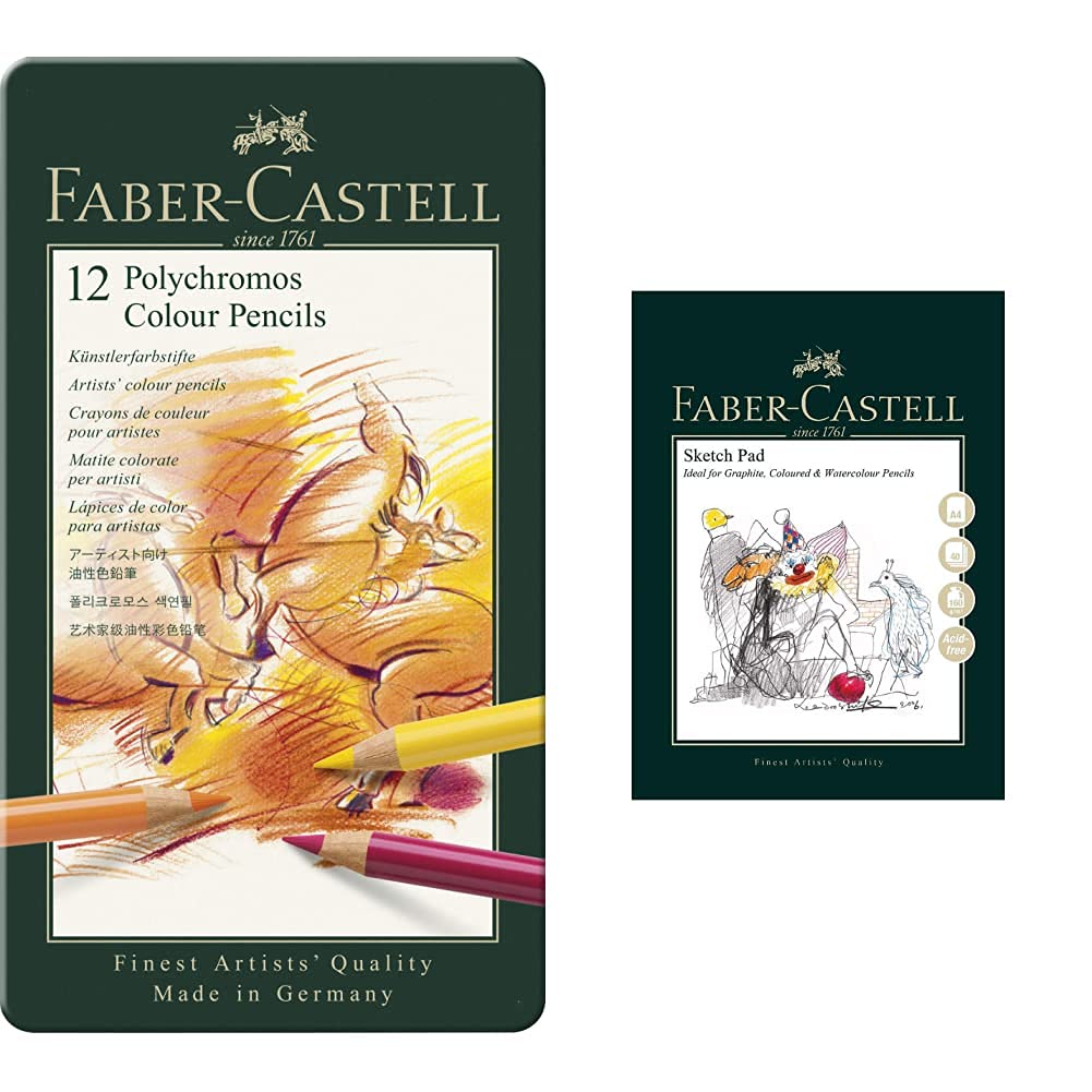 Faber-Castell F110012 Polychromos Colour Pencils Tin Of 12 Art & Graphic Sketch Pad, A4 160 gsm Pad of 40 Sheets