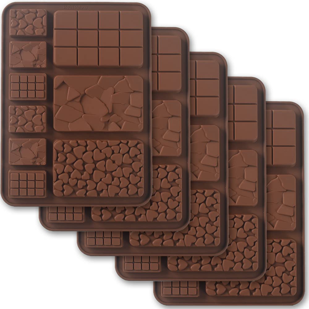 Cozihom Break-Apart Silicone Chocolate Moulds, Chocolate Bar Moulds, Homemade Protein and Energy Bar Moulds, 5 Packs, Brown