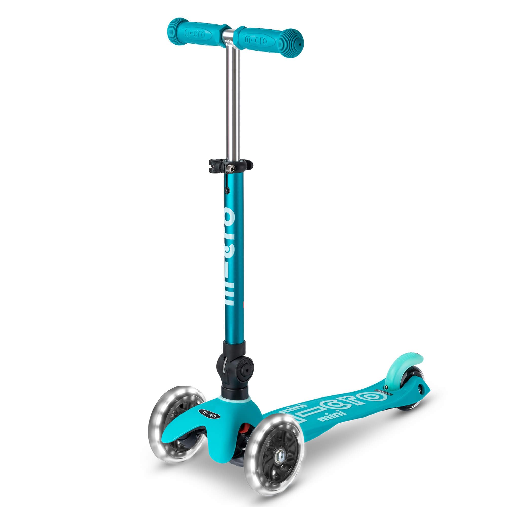 Micro Scooters | Mini Micro Deluxe LED Children's Scooter | Handlebar Adjustable & Foldable | Extra Grippy Deck | Light Up Wheels | 2-5yrs | Boys & Girls | Aqua